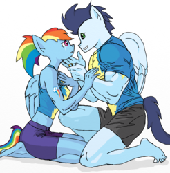Size: 982x1000 | Tagged: safe, artist:eulicious, rainbow dash, soarin', anthro, g4, alternate hairstyle, belly button, clothes, crying, cutie mark, eye contact, female, kneeling, male, marriage proposal, ponytail, ring, ship:soarindash, shipping, shorts, simple background, straight, t-shirt, tears of joy, teary eyes, wedding ring