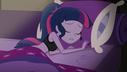 Size: 5331x3000 | Tagged: safe, artist:discorded-joker, edit, edited screencap, screencap, sci-twi, twilight sparkle, equestria girls, g4, my little pony equestria girls: legend of everfree, bed, black underwear, breasts, clothes, female, high res, lying, midriff, on side, pillow, ponytail, show accurate, sleeping, sports bra, top, underwear, underwear edit