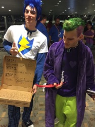 Size: 3264x2448 | Tagged: safe, artist:rj_para, flash sentry, spike, dog, human, bronycon, bronycon 2016, equestria girls, g4, clothes, cosplay, costume, high res, irl, irl human, photo, pizza box, spike the dog, thumbs up