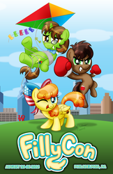 Size: 1024x1582 | Tagged: safe, artist:aleximusprime, oc, oc only, oc:benny, oc:freedom belle, oc:rocky, pegasus, pony, fillycon, boxing gloves, colt, convention, cute, diabetes, female, filly, fillydelphia, kids, kite, kite flying, male, mascot, one eye closed, philadelphia, poster, print, wink