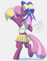 Size: 612x792 | Tagged: safe, artist:grissaecrim, cheerilee, earth pony, pony, the cart before the ponies, bipedal, bow, cheerileeder, cheerleader, clothes, eyes closed, female, hair bow, mare, midriff, skirt, smiling, solo