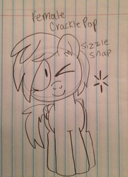 Size: 1975x2721 | Tagged: safe, artist:puppies567, crackle pop, g4, the cart before the ponies, female, filly, grayscale, lined paper, monochrome, one eye closed, rule 63, sizzle snap, solo, traditional art, wink
