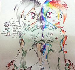 Size: 1419x1327 | Tagged: safe, artist:liaaqila, daring do, quibble pants, rainbow dash, equestria girls, g4, stranger than fan fiction, amused, awesome, clothes, cute, daring dorable, dashabetes, equestria girls-ified, female, holding hands, lesbian, open mouth, pants, ship:daringdash, shipping, shirt, skirt, smiling, tongue out, traditional art