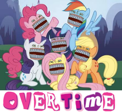 Size: 1000x924 | Tagged: safe, applejack, fluttershy, pinkie pie, rainbow dash, rarity, twilight sparkle, g4, expand dong, exploitable meme, faic, mane six, mane six opening poses, meme, nightmare fuel, not salmon, overtime, rock-a-bye bivalve, spongebob squarepants, wat