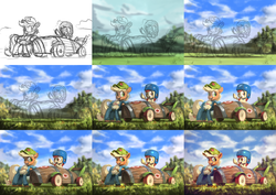 Size: 3600x2550 | Tagged: safe, artist:assasinmonkey, apple bloom, applejack, g4, the cart before the ponies, cart, clothes, freckles, hat, helmet, high res, mechanic coveralls, open mouth, progress, sketch, wip