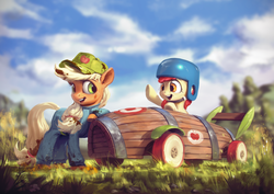 Size: 1920x1360 | Tagged: safe, artist:assasinmonkey, apple bloom, applejack, earth pony, pony, g4, the cart before the ponies, cart, clothes, duo, female, filly, hat, helmet, mare, mechanic, mechanic coveralls, open mouth, scene interpretation