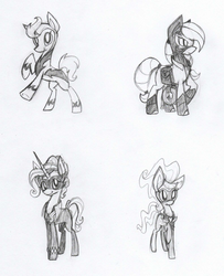 Size: 1024x1262 | Tagged: safe, artist:agentkirin, fili-second, mistress marevelous, radiance, saddle rager, g4, monochrome, power ponies