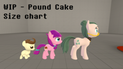 Size: 1920x1080 | Tagged: safe, artist:fillerartist, cloudy quartz, lily longsocks, pound cake, g4, 3d, comparison chart, no tail, size difference, source filmmaker, stage.bsp, text, trio, wip