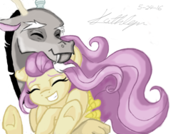 Size: 800x600 | Tagged: safe, artist:eclast, discord, fluttershy, g4, female, male, ship:discoshy, shipping, smiling, snuggling, straight