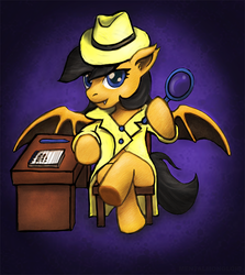 Size: 564x633 | Tagged: safe, artist:mentalmongloid, derpibooru exclusive, oc, oc only, oc:mystery, bat pony, pony, anatomically incorrect, chair, clothes, commission, crossed legs, desk, fangs, fedora, hat, hoof hold, incorrect leg anatomy, looking at you, magnifying glass, notepad, pen, sitting, smiling, solo, spread wings, trenchcoat, underhoof