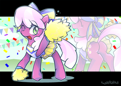 Size: 1200x857 | Tagged: safe, artist:tyuubatu, cheerilee, earth pony, pony, g4, the cart before the ponies, bottomless, bow, butt, cheerileeder, cheerleader, clothes, female, flowerbutt, hair bow, mare, one eye closed, open mouth, partial nudity, plot, solo