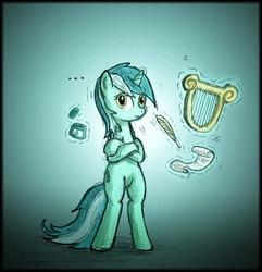 Size: 484x502 | Tagged: dead source, safe, artist:darrianmh, lyra heartstrings, pony, unicorn, g4, bipedal, female, inkwell, lyre, mare, parchment, quill, simple background, solo