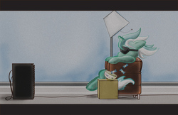 Size: 1000x647 | Tagged: safe, artist:alchimique, lyra heartstrings, pony, unicorn, g4, background pony, candy, chair, female, food, lamp, mare, maxell, parody, scene parody, sitting, solo, speaker, sunglasses