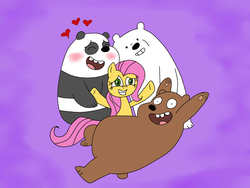Size: 3072x2304 | Tagged: safe, artist:heinousflame, fluttershy, bear, grizzly bear, panda, pegasus, polar bear, pony, g4, blushing, cute, eyes closed, floating heart, grin, grizz, heart, high res, ice bear, open mouth, open smile, panda (we bare bears), shyabetes, smiling, we bare bears