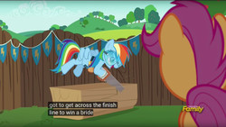 Size: 960x540 | Tagged: safe, screencap, rainbow dash, scootaloo, pony, g4, the cart before the ponies, crosscut saw, discovery family logo, implied marriage, meme, safety goggles, saw, youtube caption