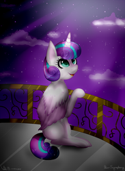 Size: 730x1000 | Tagged: safe, artist:starsymphonystela, princess flurry heart, g4, balcony, cloud, crepuscular rays, cute, female, looking up, moonlight, night, older, open mouth, sitting, smiling, solo