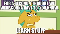 Size: 1920x1090 | Tagged: safe, edit, edited screencap, screencap, snails, snips, g4, the cart before the ponies, apprehensive, caption, image macro, meme, ponyville schoolhouse, quote, school