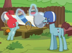 Size: 1084x799 | Tagged: safe, screencap, snips, snips' dad, pony, unicorn, g4, the cart before the ponies, butt, colt, glowing horn, helmet, horn, levitation, magic, male, paintbrush, plot, stallion, telekinesis