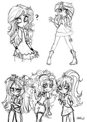 Size: 1000x1407 | Tagged: safe, artist:serge-stiles, adagio dazzle, aria blaze, sonata dusk, sunset shimmer, equestria girls, g4, clothes, female, grayscale, monochrome, sketch, the dazzlings