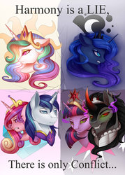 Size: 1024x1434 | Tagged: safe, artist:evehly, king sombra, nightmare moon, princess cadance, princess celestia, princess luna, shining armor, twilight sparkle, alicorn, pony, g4, alicorn tetrarchy, alternate universe, angry, bevor, big crown thingy 2.0, broken, corrupted, corrupted element of harmony, corrupted element of magic, corrupted twilight sparkle, crown, crying, dark magic, dark queen, dark twilight, dark twilight sparkle, darklight, darklight sparkle, element of magic, eyeshadow, female, floppy ears, frown, glare, glowing eyes, grin, gritted teeth, jewelry, magic, makeup, male, nightmare luna, queen twilight, queen twilight sparkle, reference, regalia, ship:twibra, shipping, sith, slit pupils, smiling, smirk, sombra eyes, star wars, straight, tiara, twilight is anakin, twilight sparkle (alicorn), tyrant sparkle