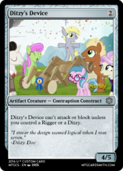 Size: 375x523 | Tagged: safe, blue lily, derpy hooves, meadow song, medallion gold, merry may, rosetta, pegasus, pony, g4, the cart before the ponies, bipedal, card, cart, female, filly, filly derpy, foal, magic the gathering, mare, spread hooves, younger