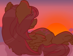 Size: 3229x2479 | Tagged: safe, artist:videogamesandcoke, fluttershy, g4, ear fluff, female, folded wings, high res, looking away, lying down, on side, rear view, solo, sunset