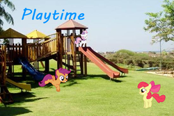 Size: 550x368 | Tagged: safe, artist:bronydash465, apple bloom, scootaloo, sweetie belle, g4, cute, cutie mark crusaders, irl, lowres, photo, playground, ponies in real life, vector