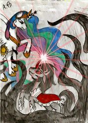 Size: 1651x2324 | Tagged: safe, artist:rossmaniteanzu, king sombra, princess celestia, g4, fight, tentacles