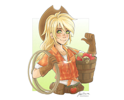 Size: 1024x827 | Tagged: safe, artist:viviennecorner, applejack, human, g4, apple, belt, bucket, clothes, element of honesty, female, food, gloves, humanized, rope, shirt, solo, tank top