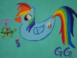 Size: 1632x1224 | Tagged: safe, artist:galaxygoddess, rainbow dash, tank, bird, duck, g4, canvas, painting, rainbow duck, species swap