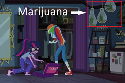 Size: 984x654 | Tagged: safe, edit, edited screencap, screencap, rainbow dash, sci-twi, twilight sparkle, equestria girls, g4, my little pony equestria girls: legend of everfree, camp everfree, caption, clothes, drugs, feet, legend of everfeet, marijuana, op is a duck, op is trying to start shit, pajamas, ponytail, shoes, sneakers, spoiler