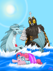 Size: 960x1280 | Tagged: safe, artist:fallenangel5414, pinkie pie, sonata dusk, kaiju, siren, fanfic:the bridge, g4, armband, crossover, fanfic art, floaty, godzilla (series), goggles, inflatable armbands, inner tube, megalon, pool toy, swimming, swimming goggles, water