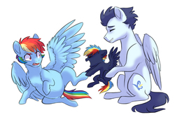 Size: 3000x2000 | Tagged: safe, artist:kianamai, rainbow dash, soarin', oc, oc:prism bolt, pony, kilalaverse, g4, angry, belly, chest fluff, colt, family, female, foal, high res, male, mare, misunderstanding, next generation, offspring, parent:rainbow dash, parent:soarin', parents:soarindash, pillow, preggo dash, pregnant, ruffled feathers, sensibly-proportioned pregnancy, ship:soarindash, shipping, simple background, spread wings, stallion, straight, trio, white background