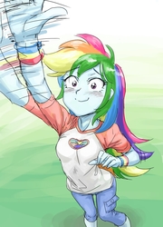 Size: 720x1000 | Tagged: safe, artist:invisibleone11, rainbow dash, equestria girls, g4, my little pony equestria girls: legend of everfree, blushing, camp everfree outfits, clothes, cute, dashabetes, female, motion lines, pants, scene interpretation, screencap reference, shirt, solo, waving, wristband