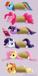 Size: 3000x6000 | Tagged: safe, artist:stinkehund, applejack, fluttershy, pinkie pie, rainbow dash, rarity, twilight sparkle, earth pony, pony, unicorn, g4, blushing, body pillow, body pillow design, body pillow meme, bondage, book, female, lying down, mane six, mare, rainbond dash, rarity is not amused, rope, rope bondage, ropes, smiling, tied up