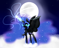 Size: 2371x1919 | Tagged: safe, artist:darkbloodweapon, nightmare moon, g4, cloud, female, magic, moon, raised hoof, solo, spread wings