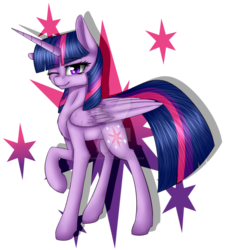 Size: 1024x1128 | Tagged: safe, artist:darkbloodweapon, twilight sparkle, alicorn, pony, g4, cutie mark background, female, one eye closed, raised hoof, solo, twilight sparkle (alicorn), watermark, wink