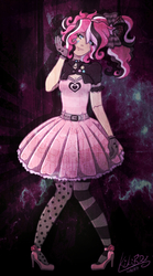 Size: 1000x1800 | Tagged: safe, artist:monnarcha, pinkie pie, human, g4, clothes, female, gloves, gothic pinkie, high heels, humanized, pantyhose, pinkie pie's boutique, shoes, signature, skirt, smiling, solo, stockings
