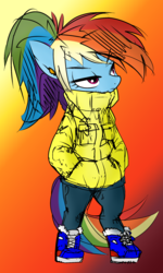 Size: 1152x1920 | Tagged: safe, artist:30clock, artist:marcus todjel, derpibooru exclusive, rainbow dash, anthro, unguligrade anthro, g4, boots, clothes, coat, female, gradient background, jacket, ponytail, solo