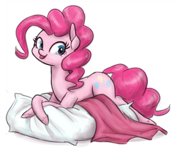 Size: 1000x840 | Tagged: safe, artist:king-kakapo, pinkie pie, earth pony, pony, g4, blanket, crossed hooves, female, looking at you, lying down, pillow, prone, solo, sploot, tongue out
