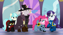 Size: 3125x1748 | Tagged: safe, artist:athos01, coco pommel, pinkie pie, rarity, zesty gourmand, earth pony, pony, unicorn, g4, adepta sororitas, clothes, coat, crossover, female, group, hat, inquisition, inquisitor, mare, out of character, parody, purity seal, quartet, space marine, space wolves, ultramarine, warhammer (game), warhammer 40k