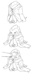 Size: 640x1420 | Tagged: safe, artist:carnifex, spike, oc, oc:anon, human, g4, barb, barbabetes, clothes, cute, hiding, jacket, monochrome, rule 63, rule63betes, sitting