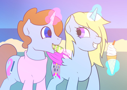 Size: 4092x2893 | Tagged: safe, artist:timidwithapen, oc, oc only, oc:chazmazda, oc:drawalot, alicorn, pony, unicorn, alicorn oc, candy, food, ice cream, ice cream cone, lollipop, ponysona