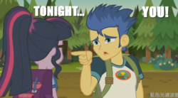 Size: 793x439 | Tagged: safe, edit, edited screencap, screencap, flash sentry, sci-twi, twilight sparkle, equestria girls, g4, my little pony equestria girls: legend of everfree, aqua teen hunger force, caption, hand banana, image macro, implied flashlight, implied shipping, implied straight, meme, ponytail, tonight you