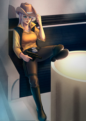 Size: 990x1400 | Tagged: safe, artist:bakki, applejack, human, g4, belt, blaster, boots, breasts, busty applejack, clothes, commission, cowboy hat, crossover, digital painting, female, han shot first, han solo, hat, humanized, shoes, solo, star wars