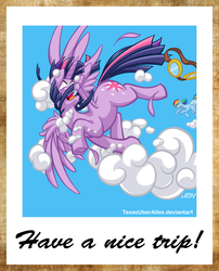 Size: 720x889 | Tagged: safe, artist:texasuberalles, rainbow dash, twilight sparkle, alicorn, pegasus, pony, g4, princess twilight sparkle (episode), cloud, dock, duo, flying, goggles, pun, scene interpretation, trip, twilight sparkle (alicorn), uvula, wipeout