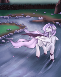 Size: 1024x1295 | Tagged: safe, artist:mamachubs, oc, oc only, oc:moonflower, pegasus, pony, river, solo, water