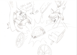 Size: 1263x893 | Tagged: safe, artist:saturdaymorningproj, apple bloom, applejack, g4, the cart before the ponies, dialogue, monochrome, open mouth, traditional art
