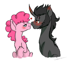 Size: 2572x2332 | Tagged: safe, artist:loladotz, king sombra, pinkie pie, earth pony, pony, unicorn, g4, bedroom eyes, blushing, boop, colored horn, curved horn, ear blush, female, heart, high res, horn, looking at each other, male, mare, noseboop, shipping, simple background, sombra horn, sombrapie, stallion, straight, white background