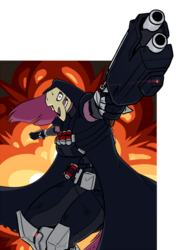 Size: 650x853 | Tagged: safe, artist:ethanqix, pinkie pie, earth pony, anthro, g4, explosion, gun, overwatch, pinkamena diane pie, reaper (overwatch), weapon